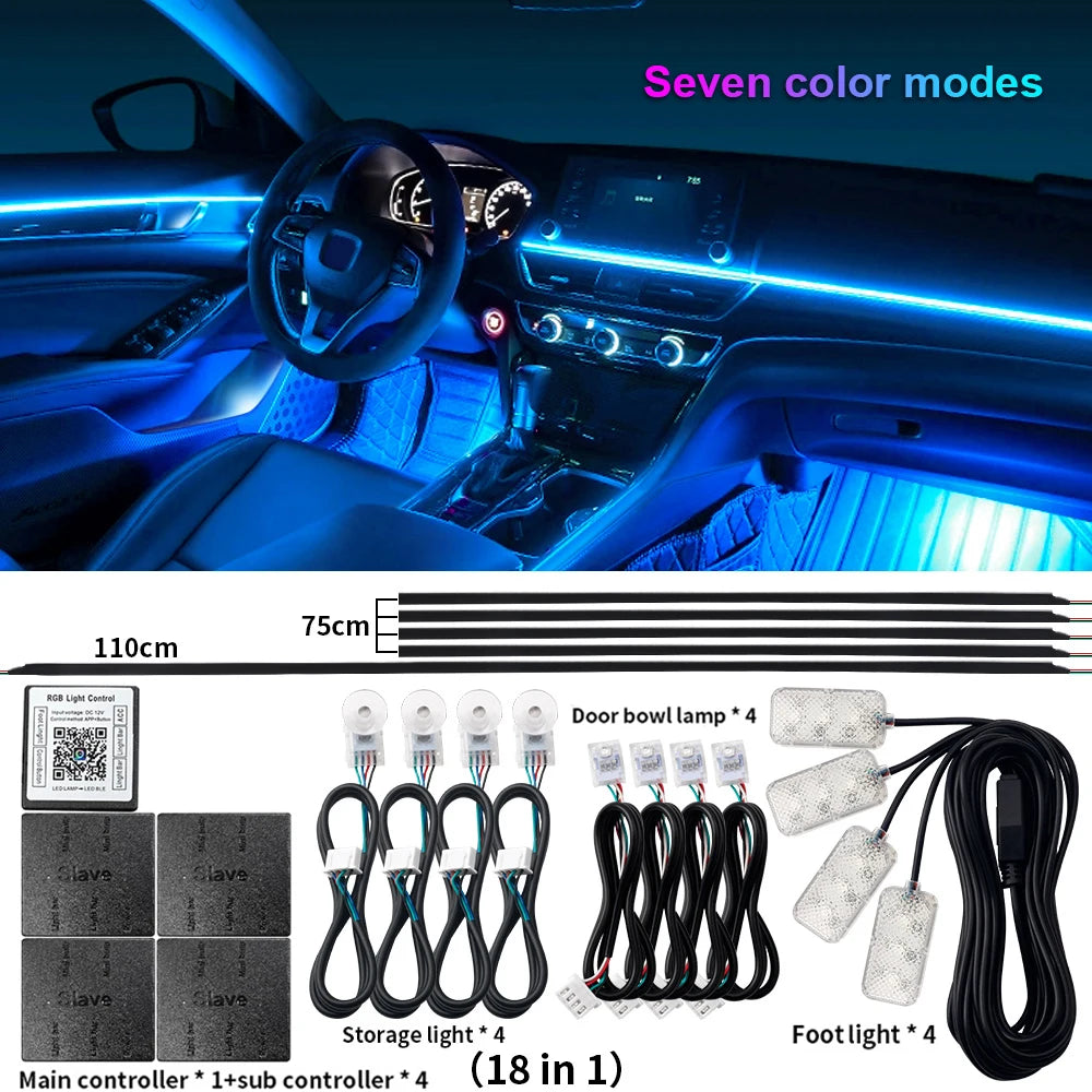 18 in 1 LED Symphony Ambient Lights Car Interior Full Color Streamer RGB 64 Colors Neon Acrylic Strip Decoration Atmosphere Lamp - IFINDALL