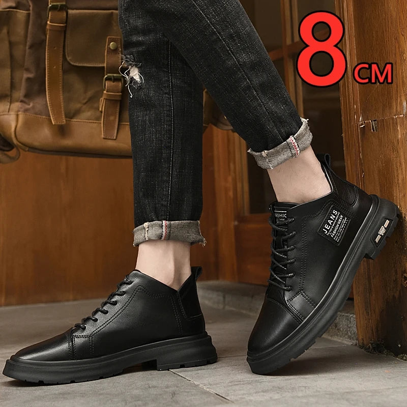 Man Genuine Leather Lift Shoes Comfort Lace Up Casual Elevator Shoes Commerce Breathable Height Increase Insole 8CM Men Sneakers - IFINDALL