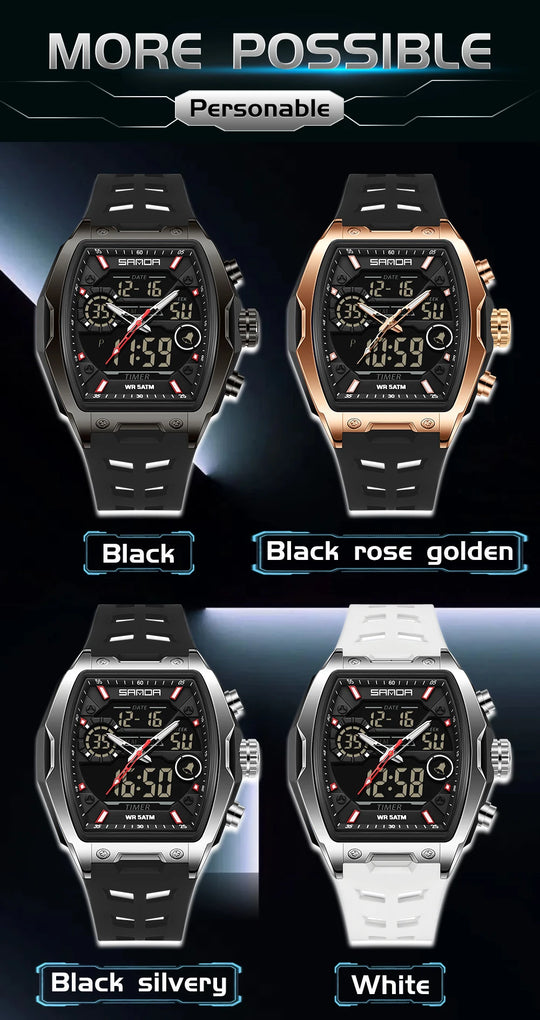 SANDA 6235 Dual Display Electronic Watch Barrel Big Dial Sports LED Analog Digital Chronograph Military Wristwatch 2025 - IFINDALL