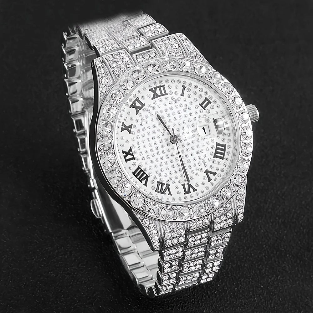 Stunning rhinestone-encrusted watch set with matching chain necklace - Round dial Quartz movement - IFINDALL