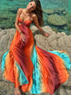 2025 Women Tie-dye Gradient Slim Fit Off Waist Long Dress Sexy Contrast Hollow Out Pleated Hem Robe Chic Lady Party Holiday Wear - IFINDALL