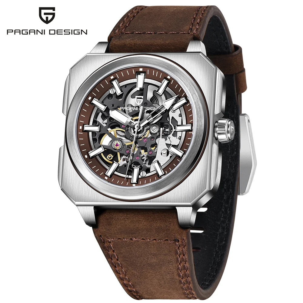PAGANI DESIGN 42MM Skeleton Men Mechanical Watch 5ATM Waterproof Sapphire Glass Automatic Watch Square Stainless Steel Men Watch - IFINDALL
