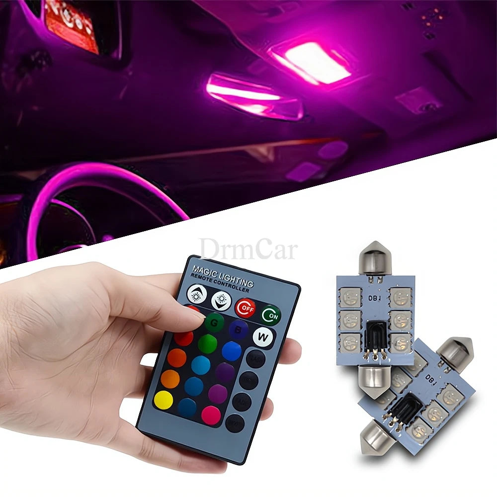 2pcs 5050 RGB 6SMD Car Led C5w C10w Interior Dome Reading Lamp Auto Remote Controller Colorful Atmosphere Light Roof Trunk Bulb - IFINDALL