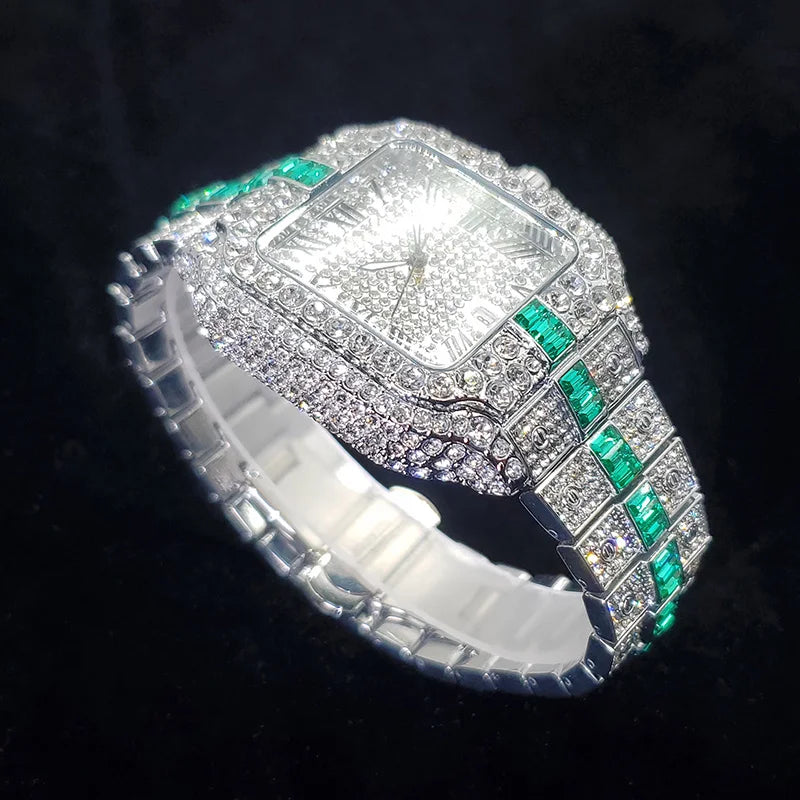 Luxury Full Diamond Watch for Men Fashion Green Iced Out Bling Square Watches Hip Hop Rap Jewelry Relogio Masculino Dropshipping - IFINDALL
