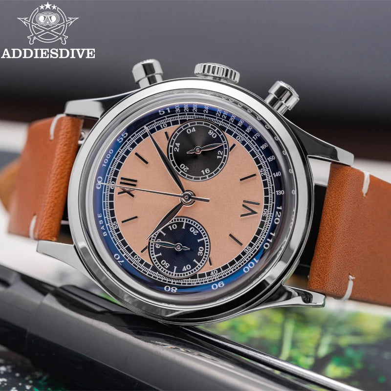 ADDIESDIVE AD2037 Men Quartz Watch Multifunctional 24 Hour Chronograph Black Dial Leather Watches  100m Dive Business Wristwatch - IFINDALL