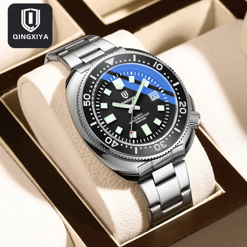 QINGXIYA Brand New Fashion Design Date Quartz Watch for Men Stainless Steel Waterproof Luminous Mens Watches Relogio Masculino - IFINDALL