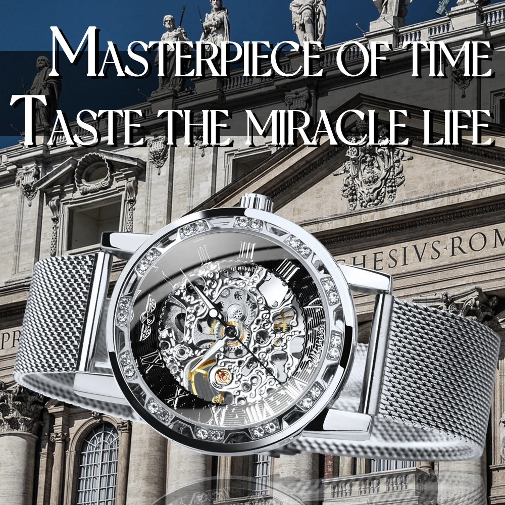 WINNER Roman Mechanical Watches for Men Fashion Gold Skeleton Mens Watch Luxury Mesh Stainless Steel Strap Luminous Unisex Clock - IFINDALL