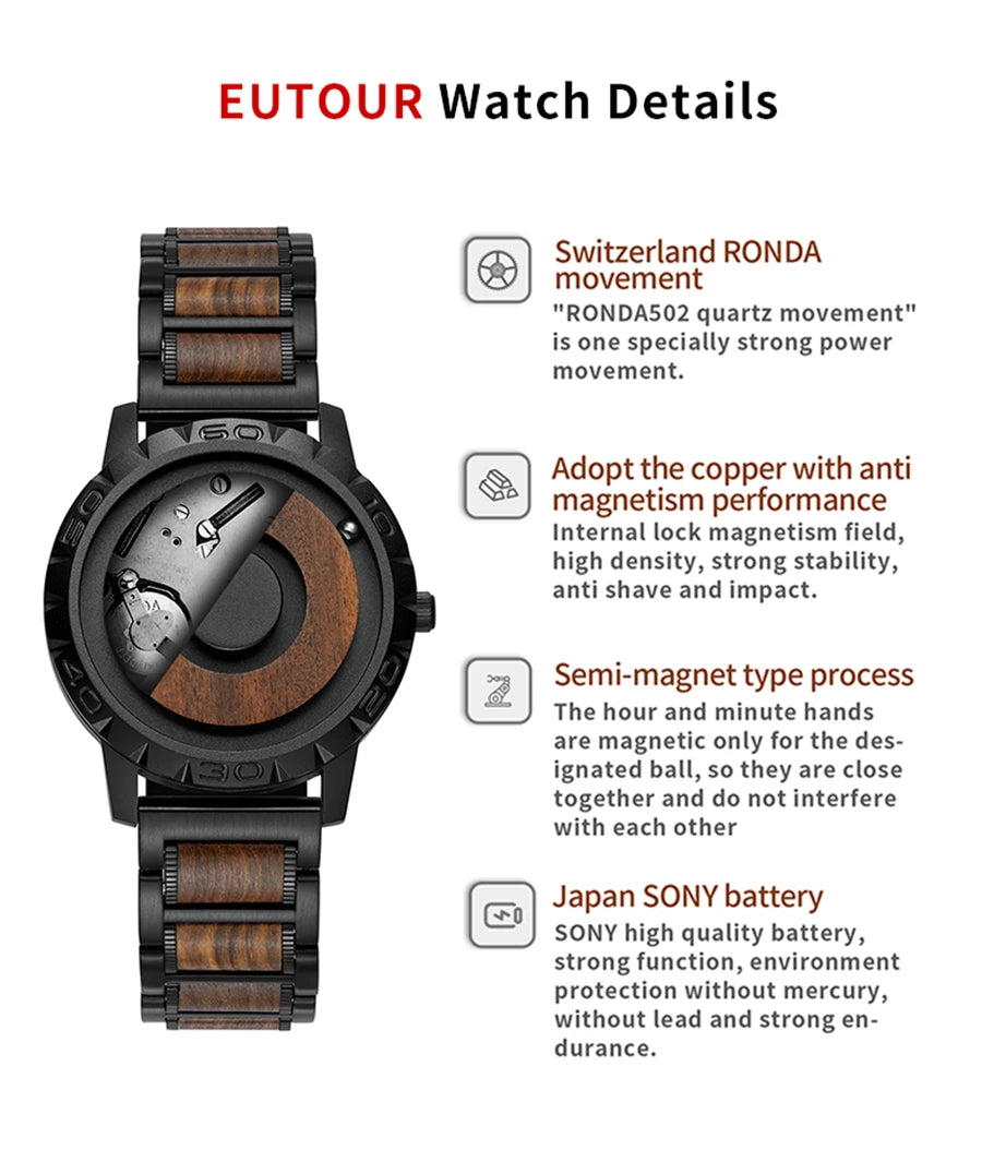Brand EUTOUR Men's Wood Magnetic Ball Watches Luxury Sport Quartz Waterproof Watch Solid Wooden Strap Male Clock Mens Wristwatch - IFINDALL