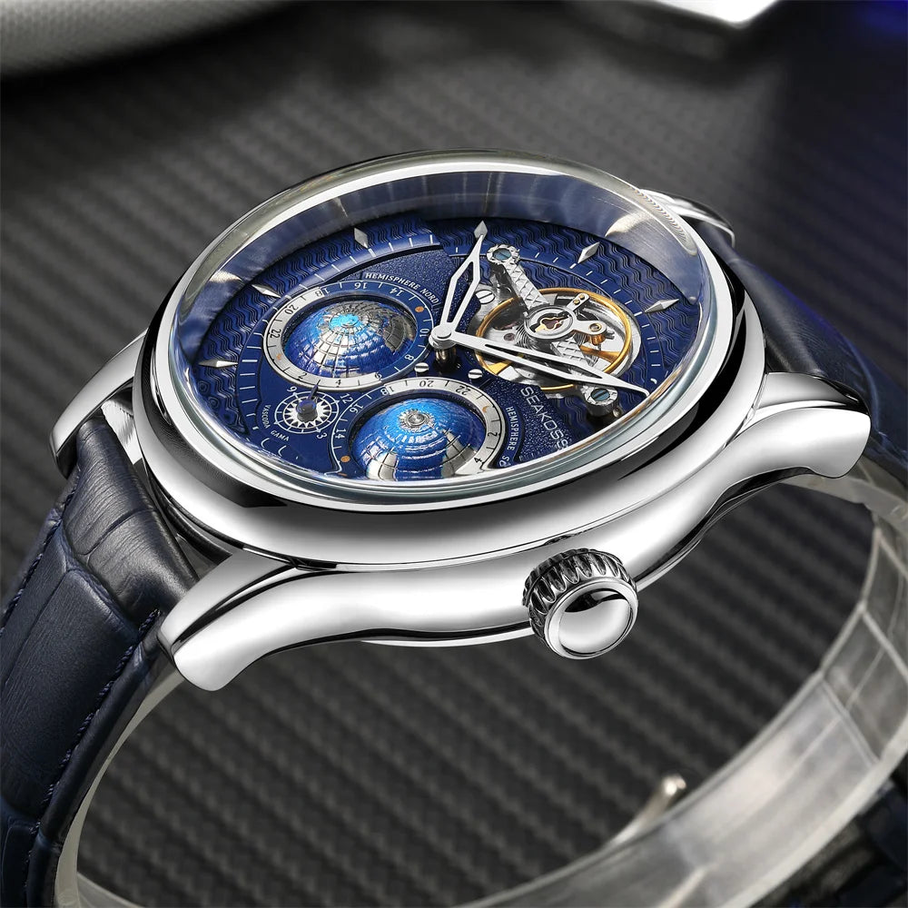 SEAKOSS Male Dual Earth Rotating Mechanical Men's Watch Automatic Movement Waterproof Clock Pilots 1963 Flywheel Wristwatches - IFINDALL
