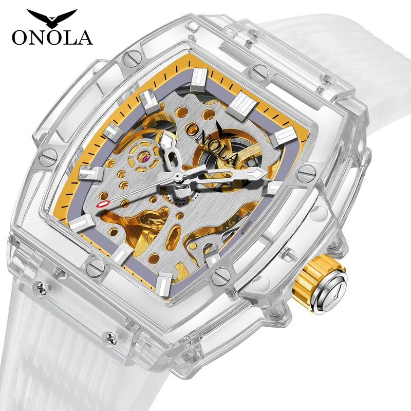 Luxury men's watch onola plastic transparent hollow full automatic mechanical watches men waterproof clock - IFINDALL