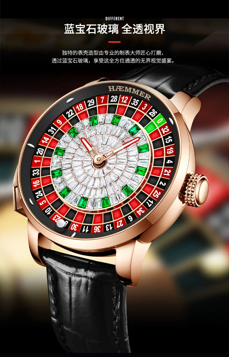 HAEMMER  New Men's Mechanical Watch Diamond Face NH35 Watch Men's Push Button Roulette Rotating Sapphire Glass Watch Waterproof - IFINDALL