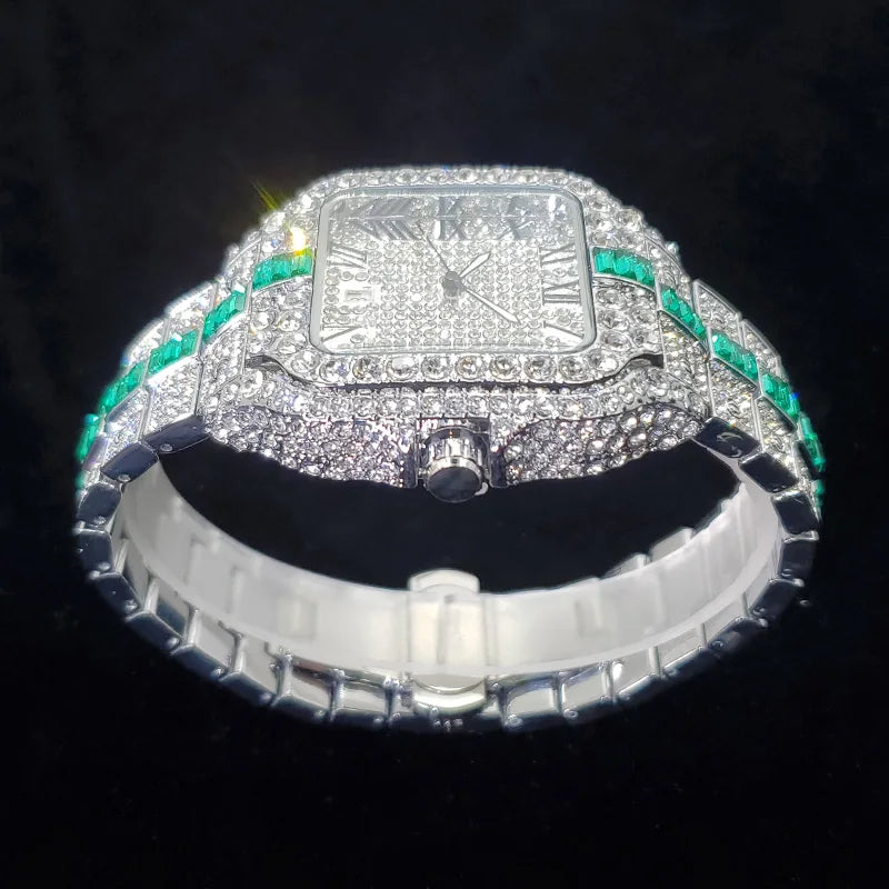 Luxury Full Diamond Watch for Men Fashion Green Iced Out Bling Square Watches Hip Hop Rap Jewelry Relogio Masculino Dropshipping - IFINDALL