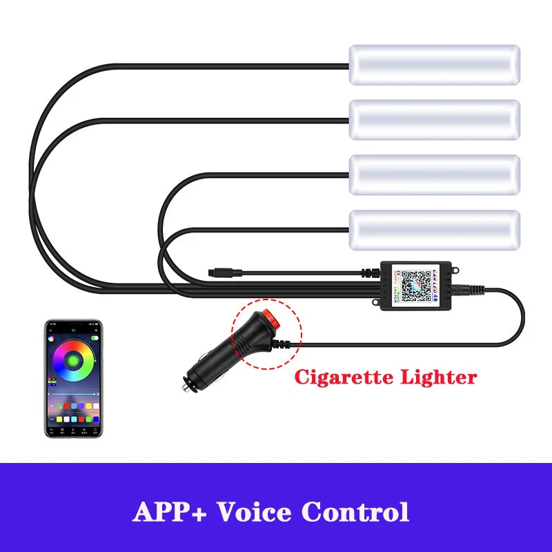 LED Car Interior Ambient Foot Strip Light Kit Accessories Backlight Remote App Music Control Auto RGB Decorative Lamp - IFINDALL