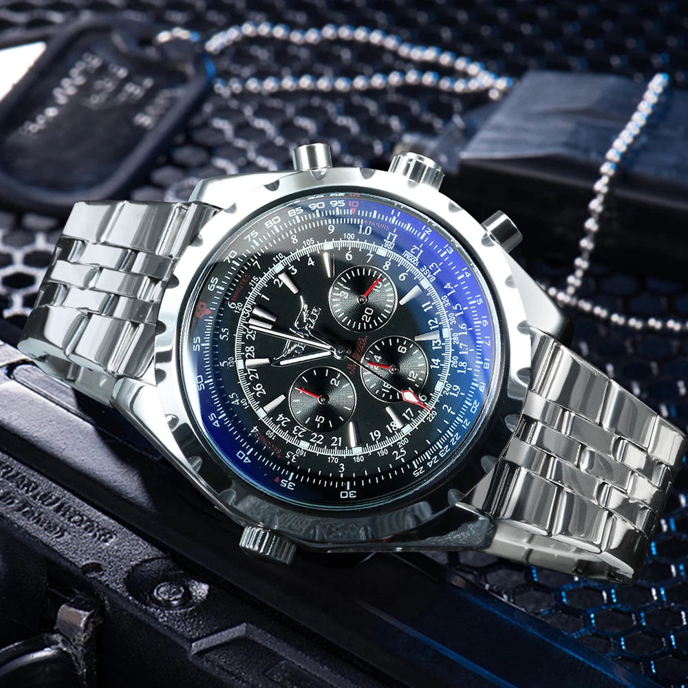 Jaragar Automatic Watch for Men Military Multifunction 3 Sub-Dials Sports Mechanical Watches Top Brand Luxury Leather Steel Band - IFINDALL