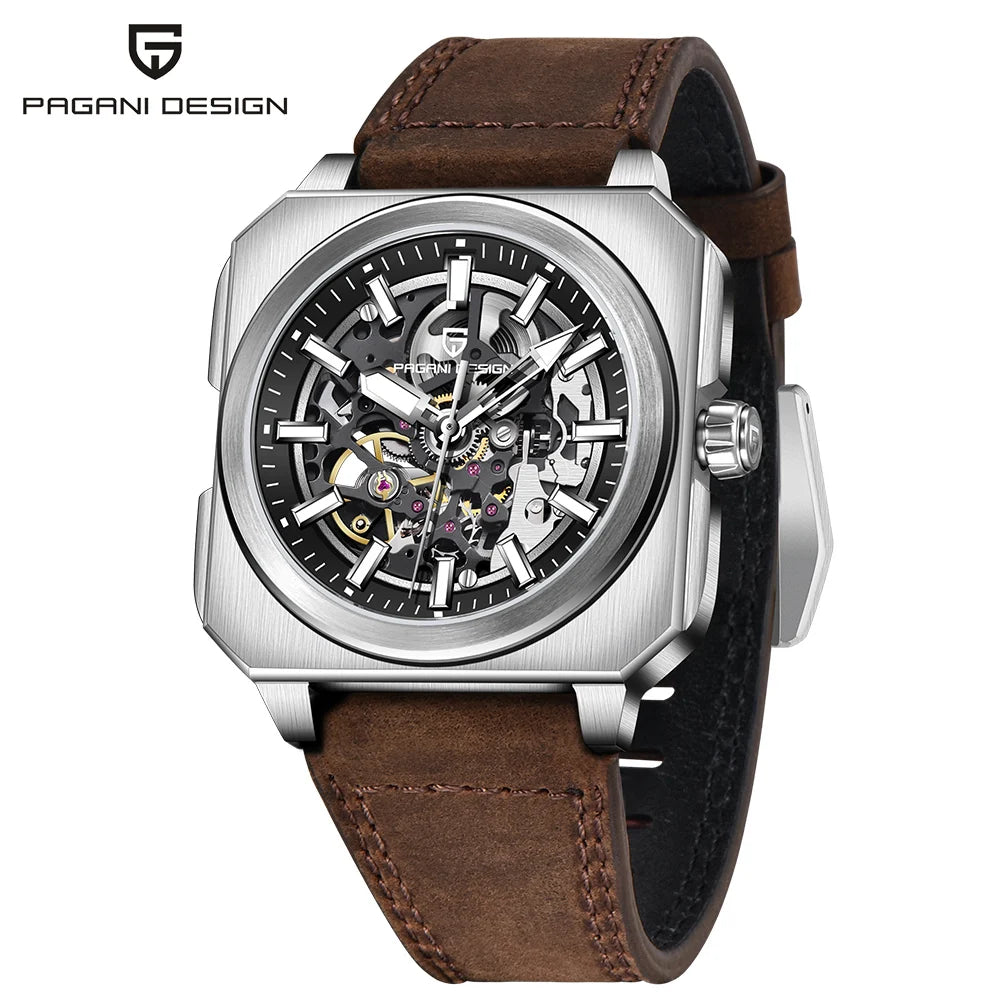 PAGANI DESIGN 42MM Skeleton Men Mechanical Watch 5ATM Waterproof Sapphire Glass Automatic Watch Square Stainless Steel Men Watch - IFINDALL