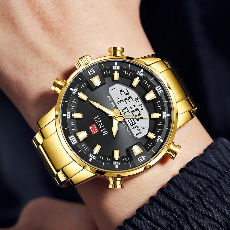 Men Watches 2025 Top Brand Luxury relogio masculino Gold Stainless Steel Band Wrist Watch For Male Clock Men Dual Display watch - IFINDALL