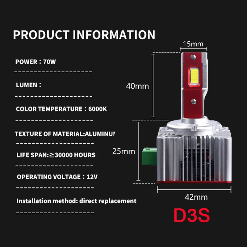2PCS 70W LED Car Headlight D1S D2S  D3S D4S D5S D8S CANbus No Error Lamp Auto Headlamp Bulbs Car Light 6000K White High Low Beam - IFINDALL