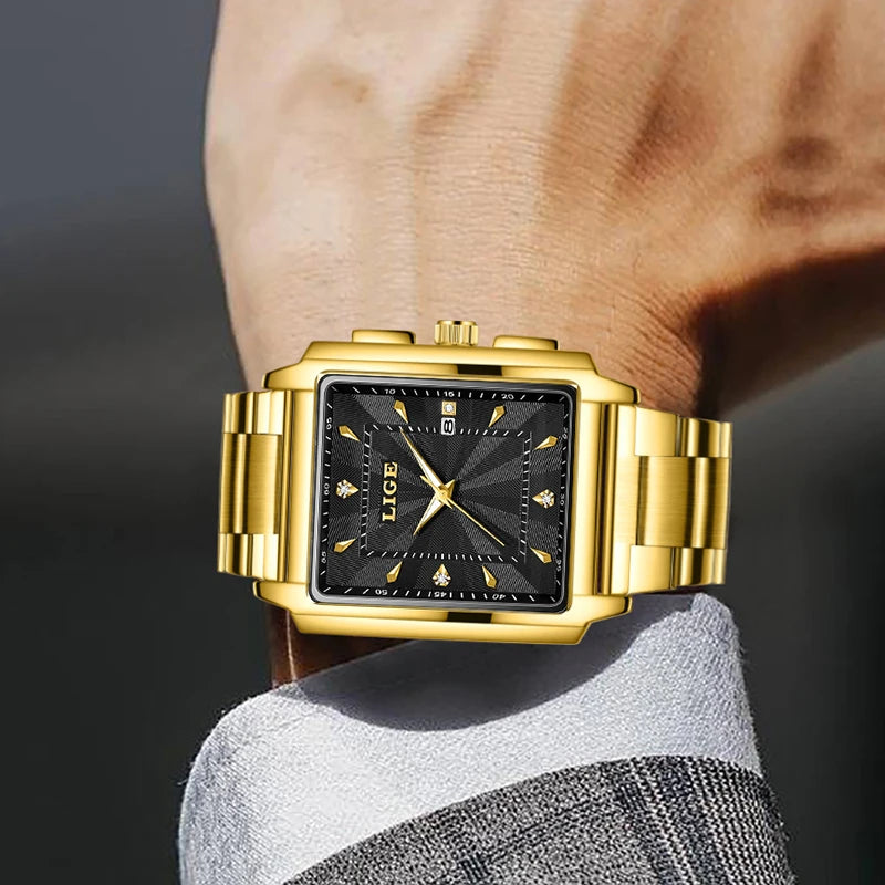 LIGE Fashion Business Watch Men Square Sport Waterproof Watches For Men Top Brand Luxury Military Quartz Chronograph Wristwatch - IFINDALL