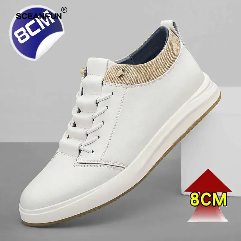 Men's genuine leather sneakers elevator shoes breathable height increasing shoes men luxury 6cm 8cm white casual lift skateboard - IFINDALL