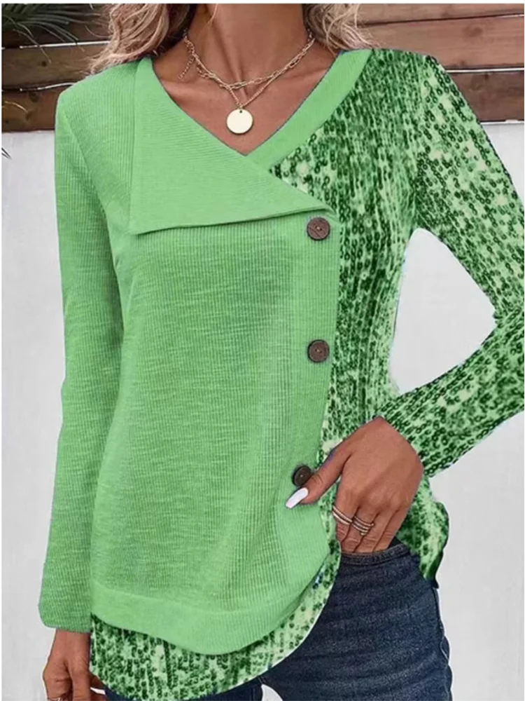 4 Color Blocked Button Long Sleeved Blouse Irregular Collar Women's Casual T-shirt Street Fashion Daily Autumn Top - IFINDALL