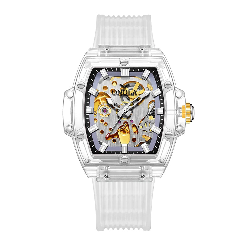 Luxury men's watch onola plastic transparent hollow full automatic mechanical watches men waterproof clock - IFINDALL