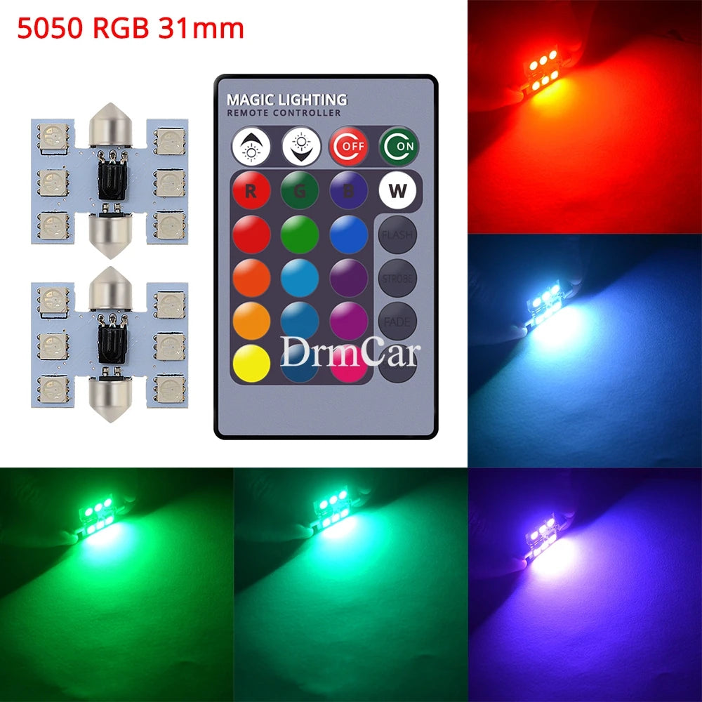 2pcs 5050 RGB 6SMD Car Led C5w C10w Interior Dome Reading Lamp Auto Remote Controller Colorful Atmosphere Light Roof Trunk Bulb - IFINDALL