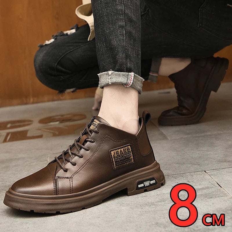 Man Genuine Leather Lift Shoes Comfort Lace Up Casual Elevator Shoes Commerce Breathable Height Increase Insole 8CM Men Sneakers - IFINDALL