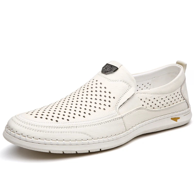 Men Casual Summer Footwear Breathable Mens Leisure Walk Loafers Genuine Leather Moccasins Hollow Out Slip on Male Driving Shoes - IFINDALL