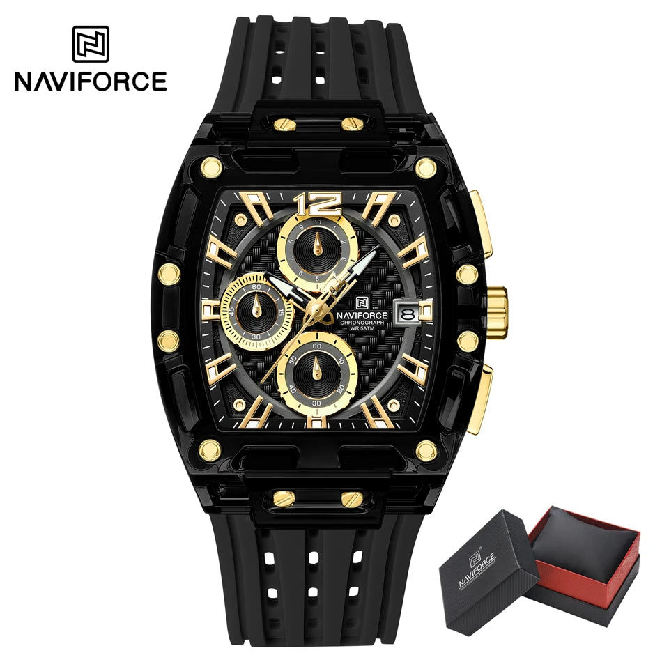 NAVIFORCE Men's Watch Quartz Chronograph Fashion Clock Waterproof Silicone Tape Watches for Man Date Display Sports Wristwatches - IFINDALL
