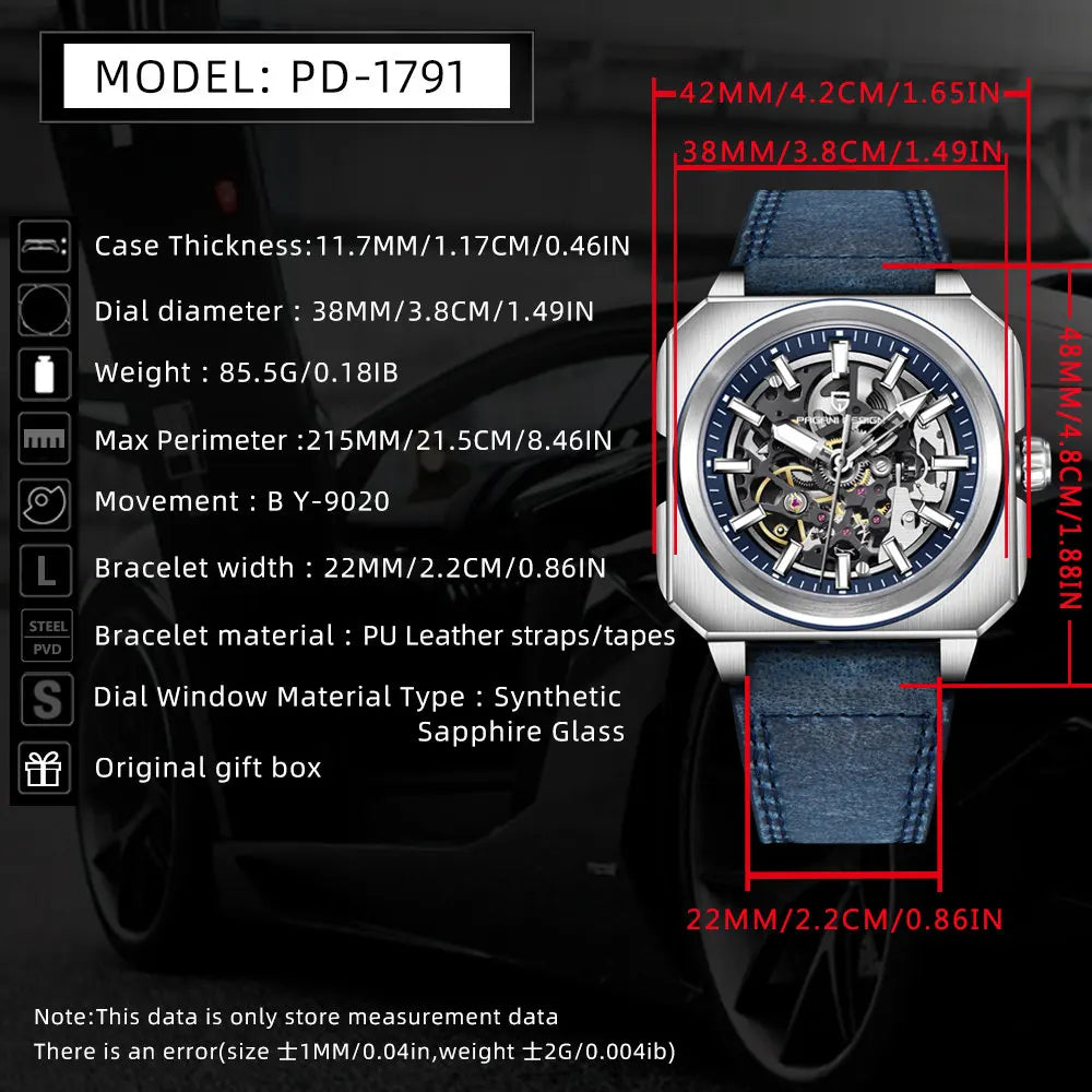 PAGANI DESIGN 42MM Skeleton Men Mechanical Watch 5ATM Waterproof Sapphire Glass Automatic Watch Square Stainless Steel Men Watch - IFINDALL