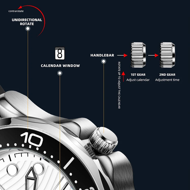 TPW  Quartz Movement 41mm Rotating Bezel  Silicone Strap Watch Analog with Day Function Business Watch - IFINDALL