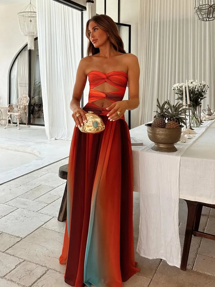 2025 Women Tie-dye Gradient Slim Fit Off Waist Long Dress Sexy Contrast Hollow Out Pleated Hem Robe Chic Lady Party Holiday Wear - IFINDALL