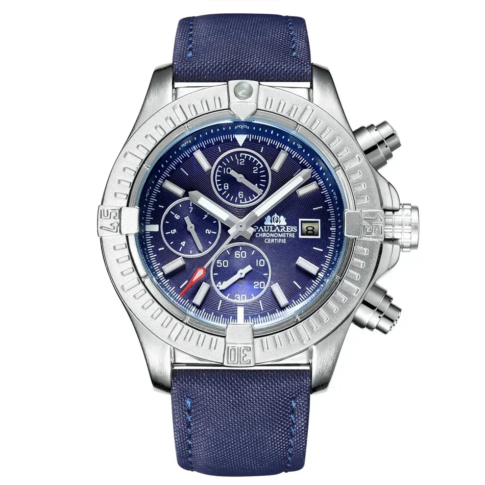 Automatic Mens Watch Self Wind Mechanical Canvas Style Genuine Black Blue Leather Multifunction Date Month Luminous Watches - IFINDALL