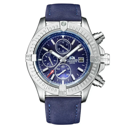 Automatic Mens Watch Self Wind Mechanical Canvas Style Genuine Black Blue Leather Multifunction Date Month Luminous Watches - IFINDALL