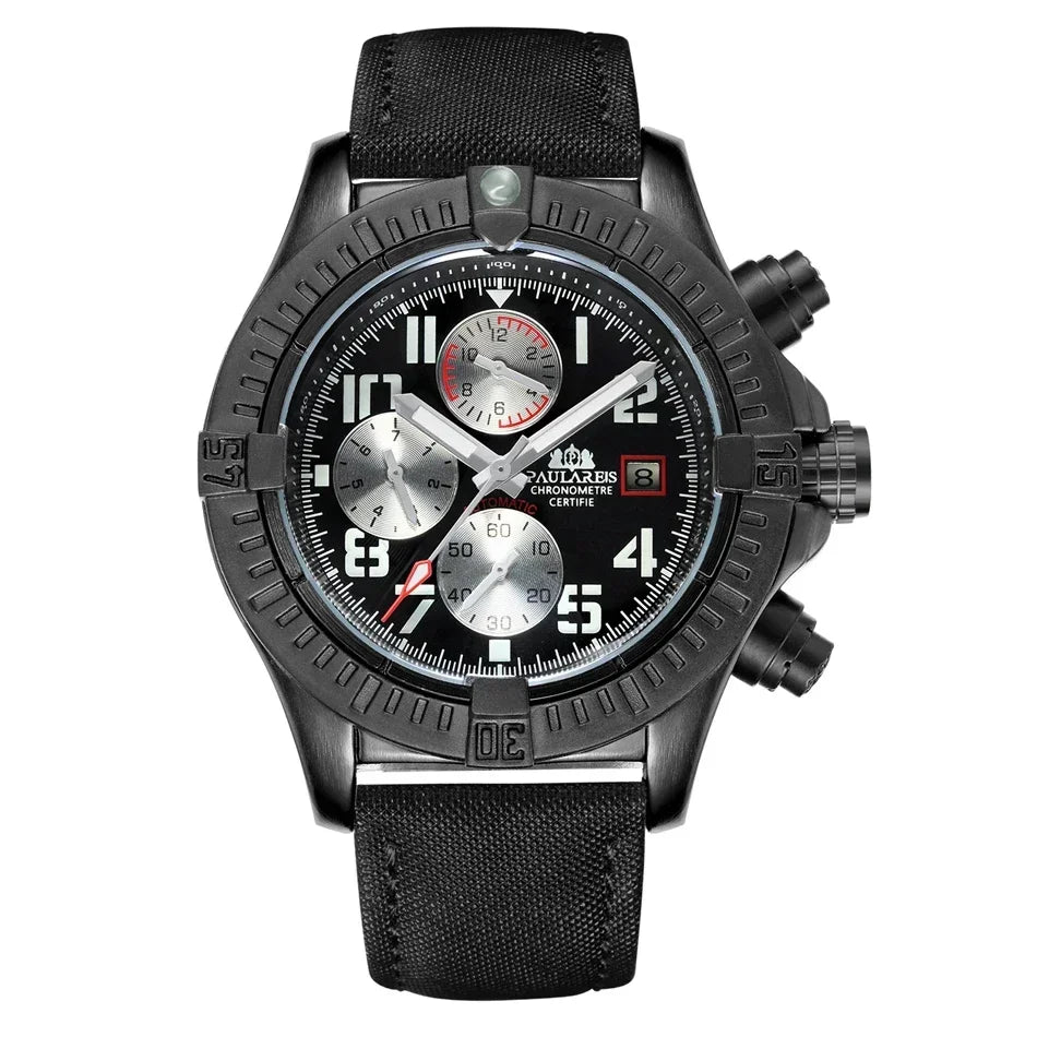 Automatic Mens Watch Self Wind Mechanical Canvas Style Genuine Black Blue Leather Multifunction Date Month Luminous Watches - IFINDALL