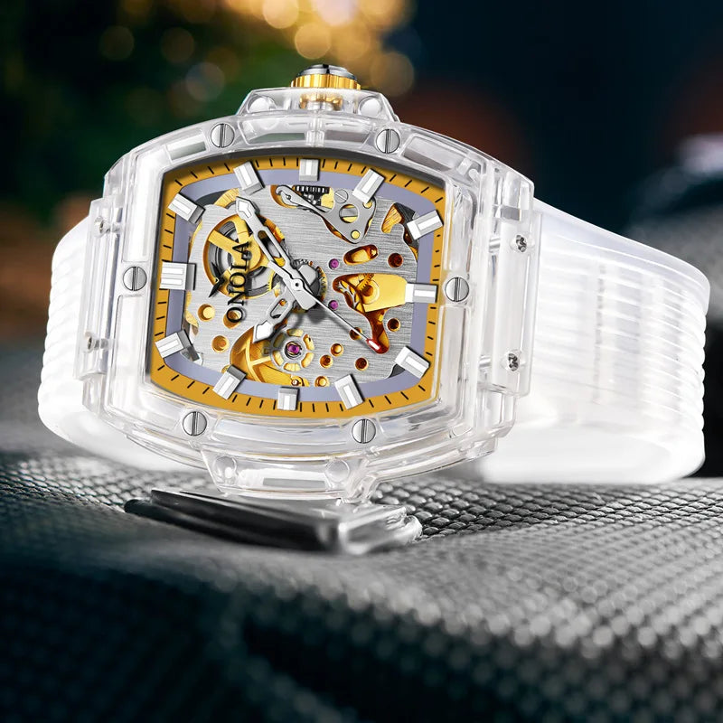 Luxury men's watch onola plastic transparent hollow full automatic mechanical watches men waterproof clock - IFINDALL