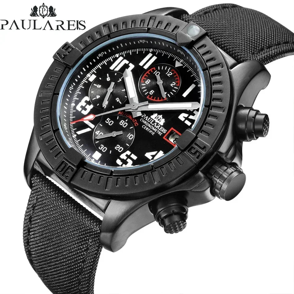 Automatic Mens Watch Self Wind Mechanical Canvas Style Genuine Black Blue Leather Multifunction Date Month Luminous Watches - IFINDALL