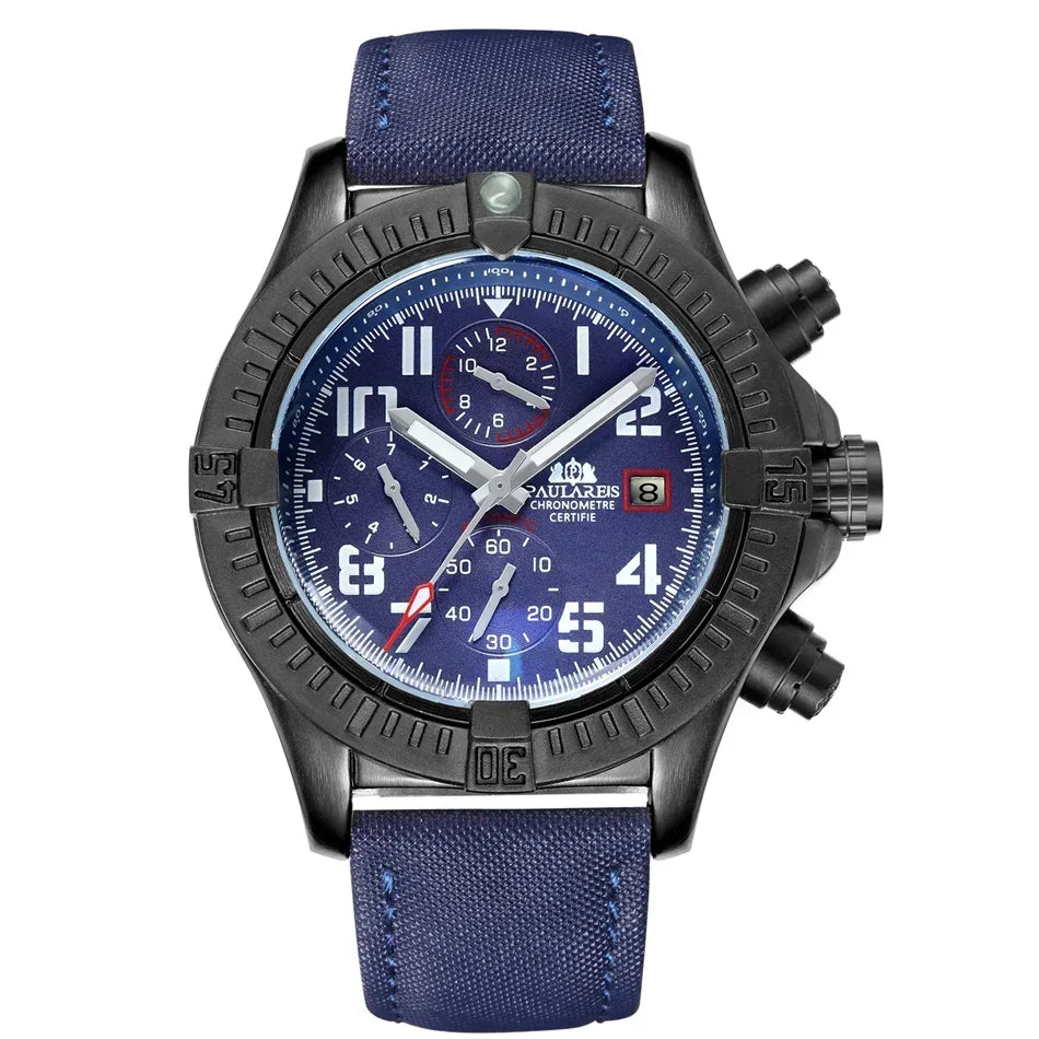 Automatic Mens Watch Self Wind Mechanical Canvas Style Genuine Black Blue Leather Multifunction Date Month Luminous Watches - IFINDALL