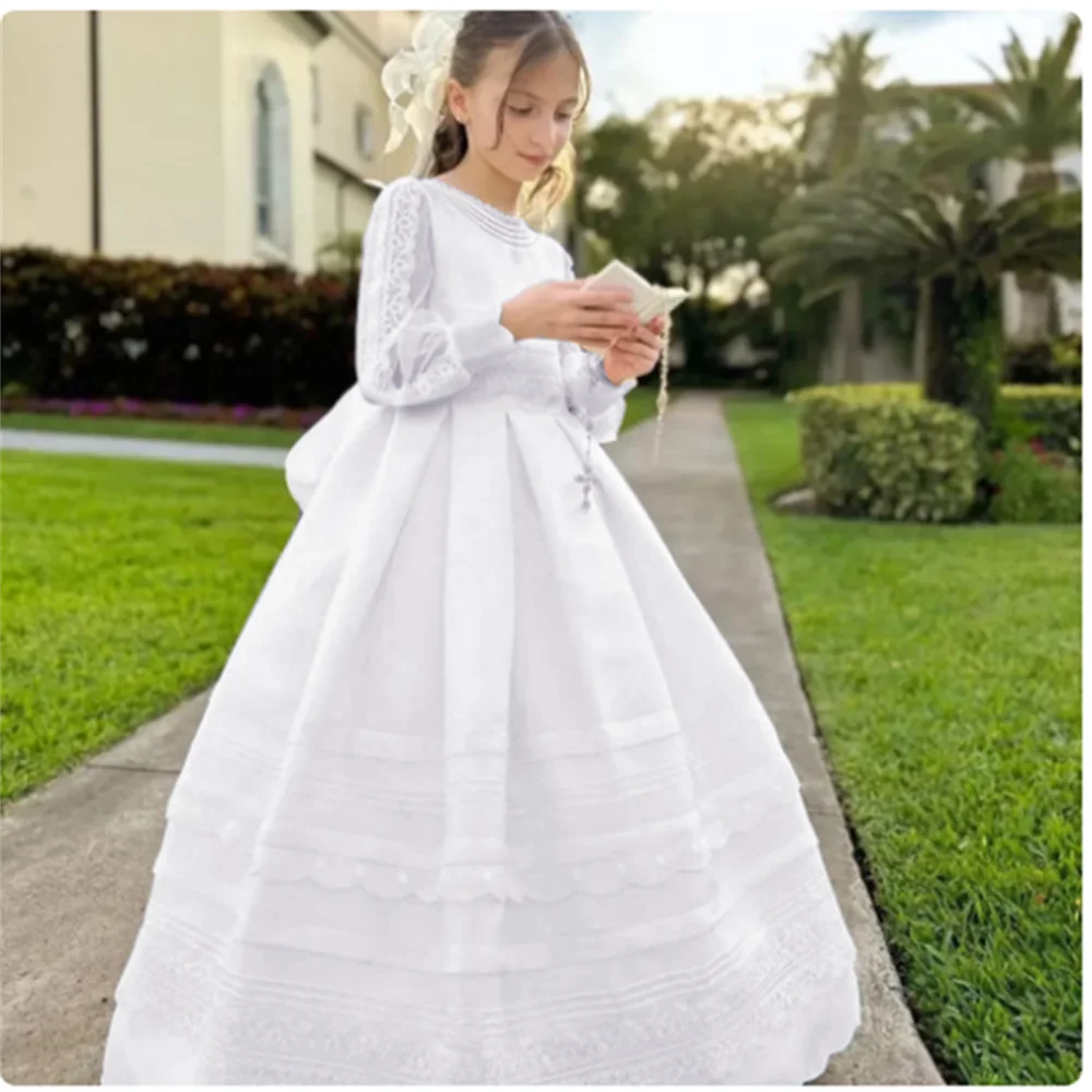 Elegant White Customize Holy First Communion Dresses Long Sleeves Princess Flower Girl Dress Lace Bow Child Wedding Party Dress - IFINDALL