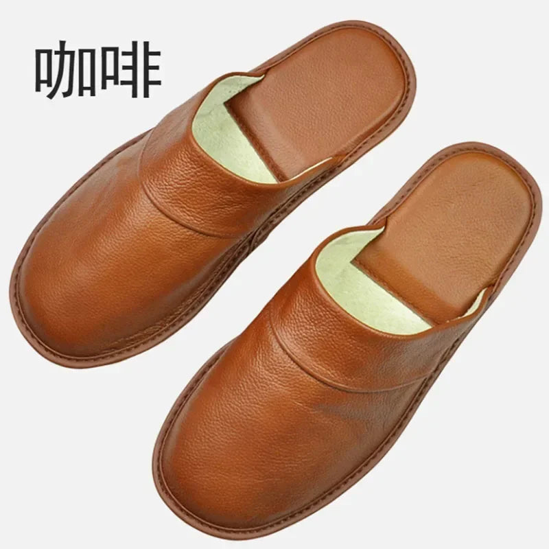 Genuine Cow Leather Slippers Homes In Indoor Slipper Spring Autumn Summer Men Women Elderly Non-slip Casual Single Slides Shoes - IFINDALL