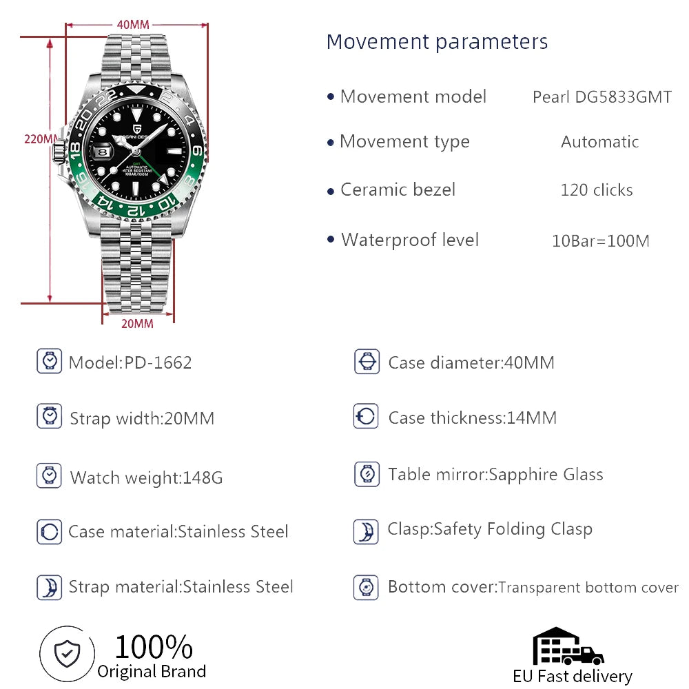 PAGANI DESIGN PD-1662 Luxury GMT Men Mechanical Wristwatch Sapphire Glass Stainless Steel 100M Waterproof Automatic Watches - IFINDALL