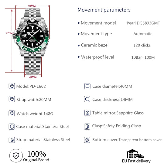 PAGANI DESIGN PD-1662 Luxury GMT Men Mechanical Wristwatch Sapphire Glass Stainless Steel 100M Waterproof Automatic Watches - IFINDALL
