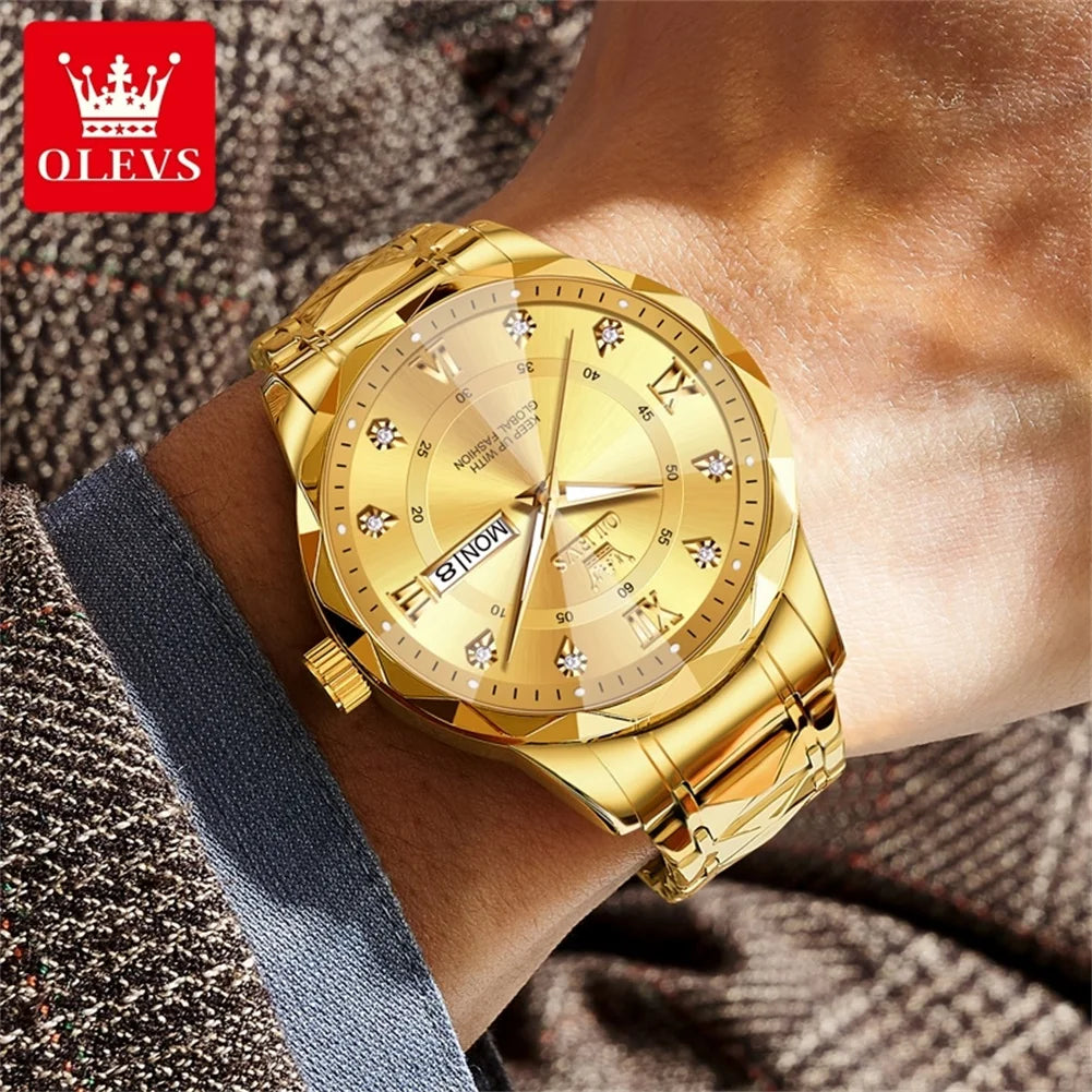 OLEVS Original Fashionable Men's Quartz Watch Top Luxury Brand Waterproof Stainless Steel Diamond Date Week Men's Business Watch - IFINDALL