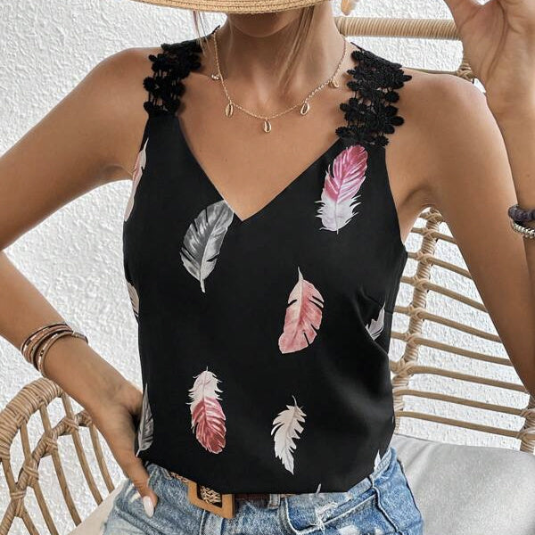 Women's Printed Feather Pattern Design V-neck Fashionable Slimming Camisole Vest - IFINDALL