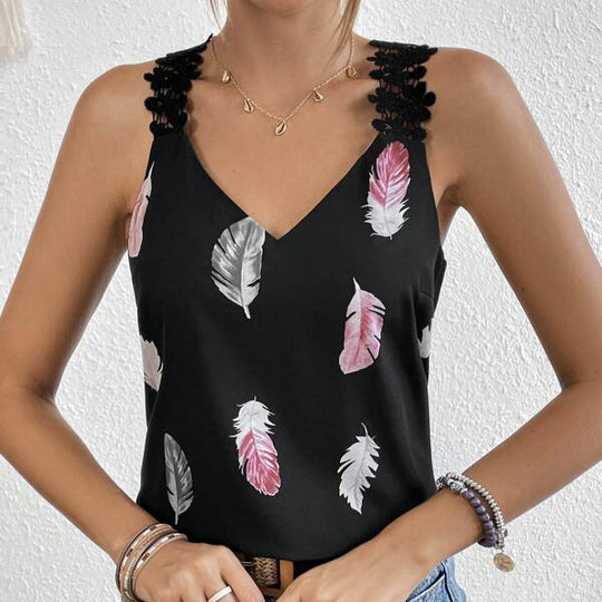 Women's Printed Feather Pattern Design V-neck Fashionable Slimming Camisole Vest - IFINDALL
