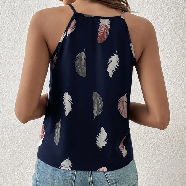 Women's Feather Print Notch V-neck Versatile Camisole Vest - IFINDALL